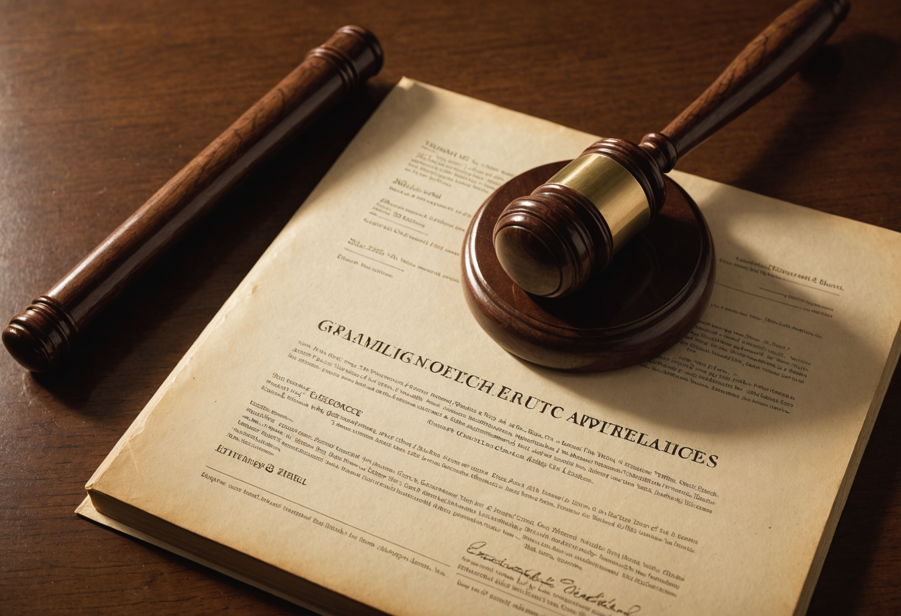 An auctioneer's gavel resting on a wooden surface beside an estate item catalog